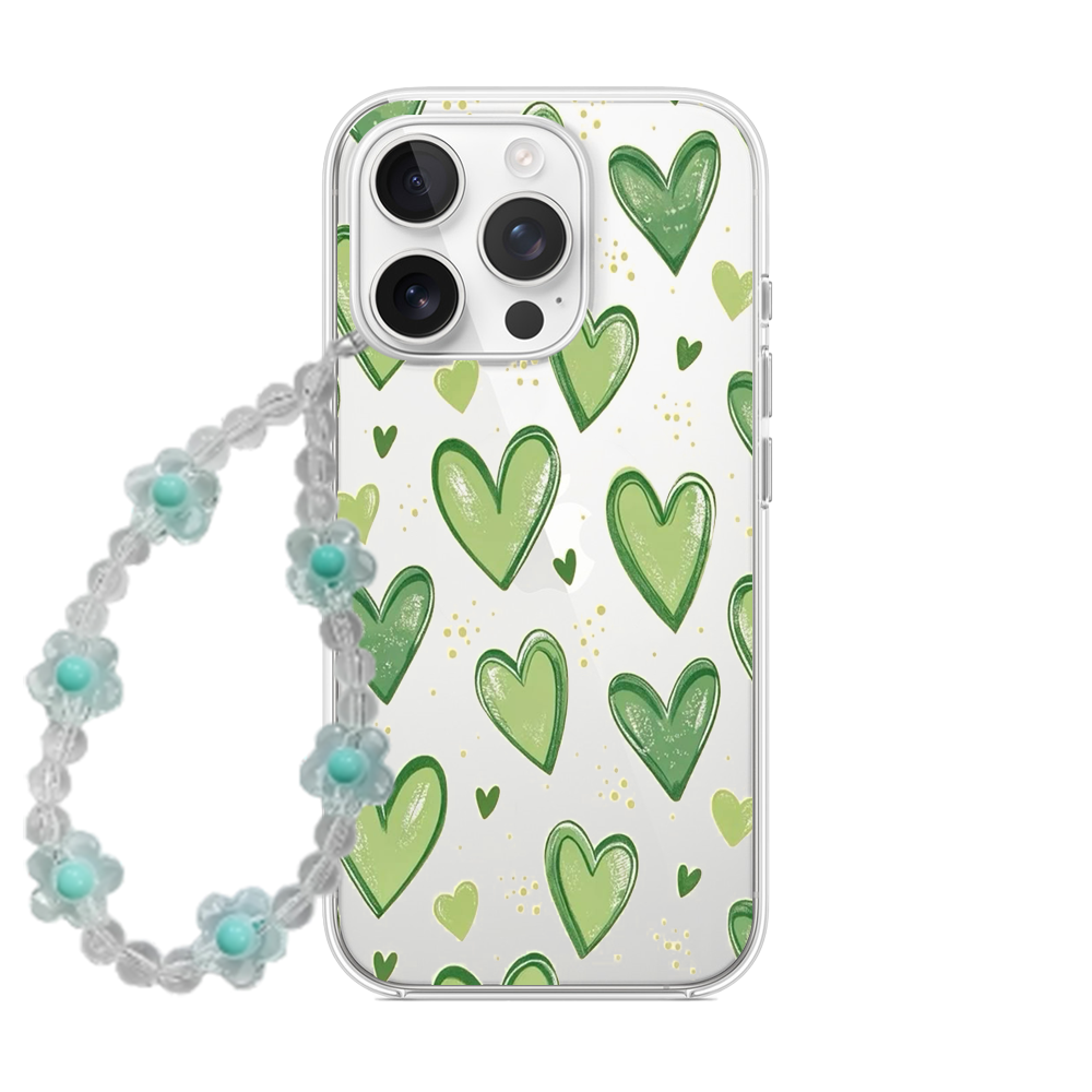 Clear phone case with hand-drawn style green hearts and dots, featuring a matching mint green beaded flower wrist strap.